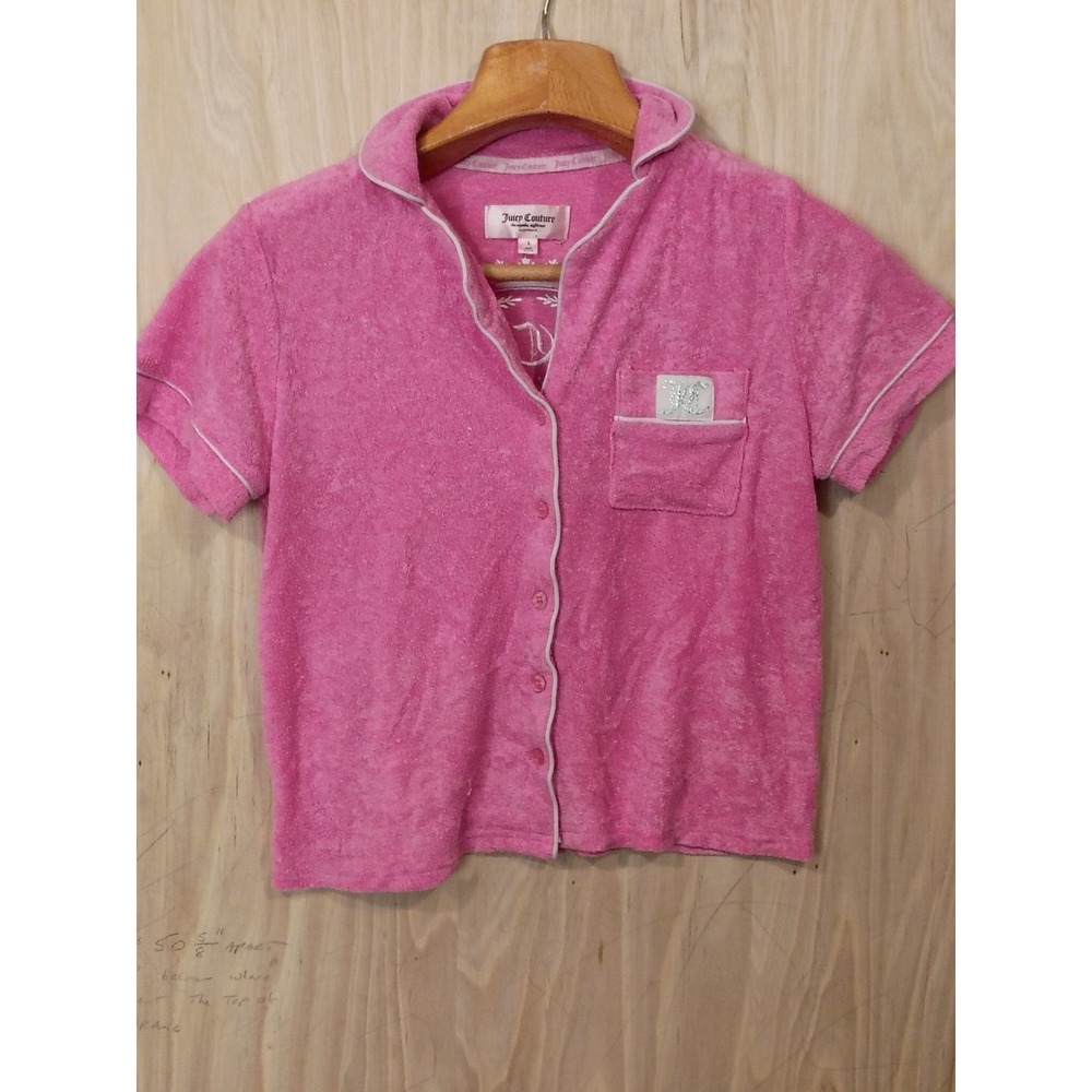 JUICY COUTURE Women's Pajama Top S Pink Button Up Terryโ Cloth Barbiecore EUC!